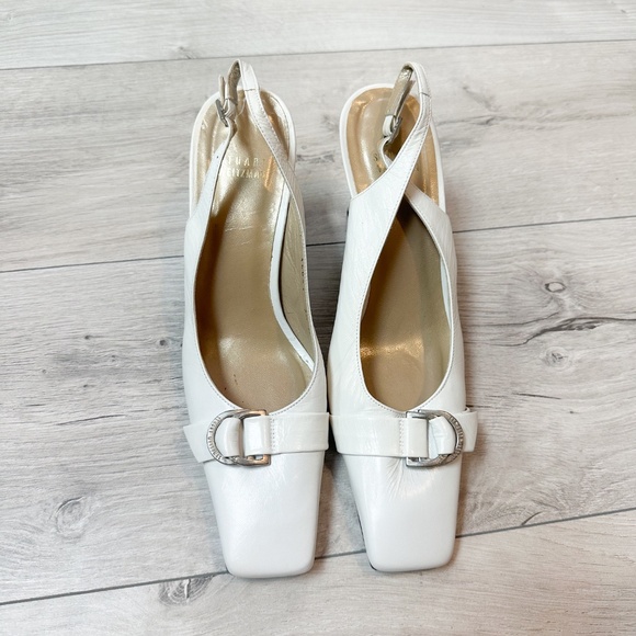 Stuart Weitzman White Leather Slingback Heels with Buckle Detail – Size 7.5 - Picture 11 of 11